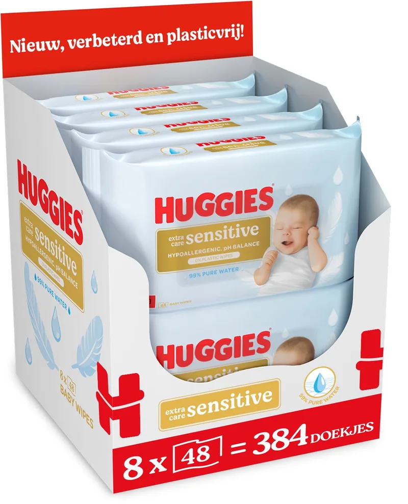 billendoekjes - Extra Care Sensitive - 384 babydoekjes (8 x 48 stuks) - 100% plastic vrij de Huggies – photo produit
