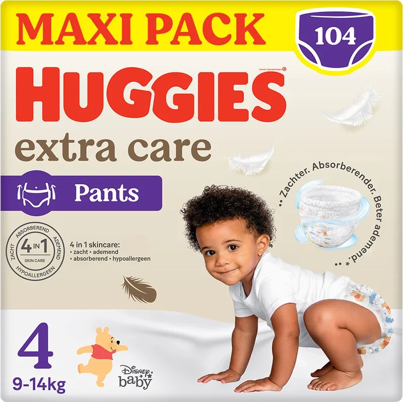 Extra Care baby luierbroekjes, Maat 4 (9 tot 14kg), 104 luiers met zachte elastische tailleband en Disney designs, Maxi Pack by Huggies – product photo