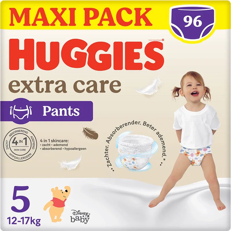 Extra Care baby luierbroekjes, Maat 5 (12 tot 17kg), 96 luiers met zachte elastische tailleband en Disney designs, Maxi Pack by Huggies – product photo