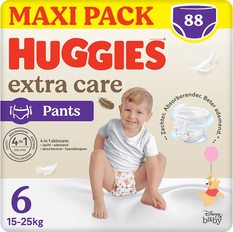 Extra Care baby luierbroekjes, Maat 6 (15 tot 25kg), 88 luiers met zachte elastische tailleband en Disney designs, Maxi Pack by Huggies – product photo