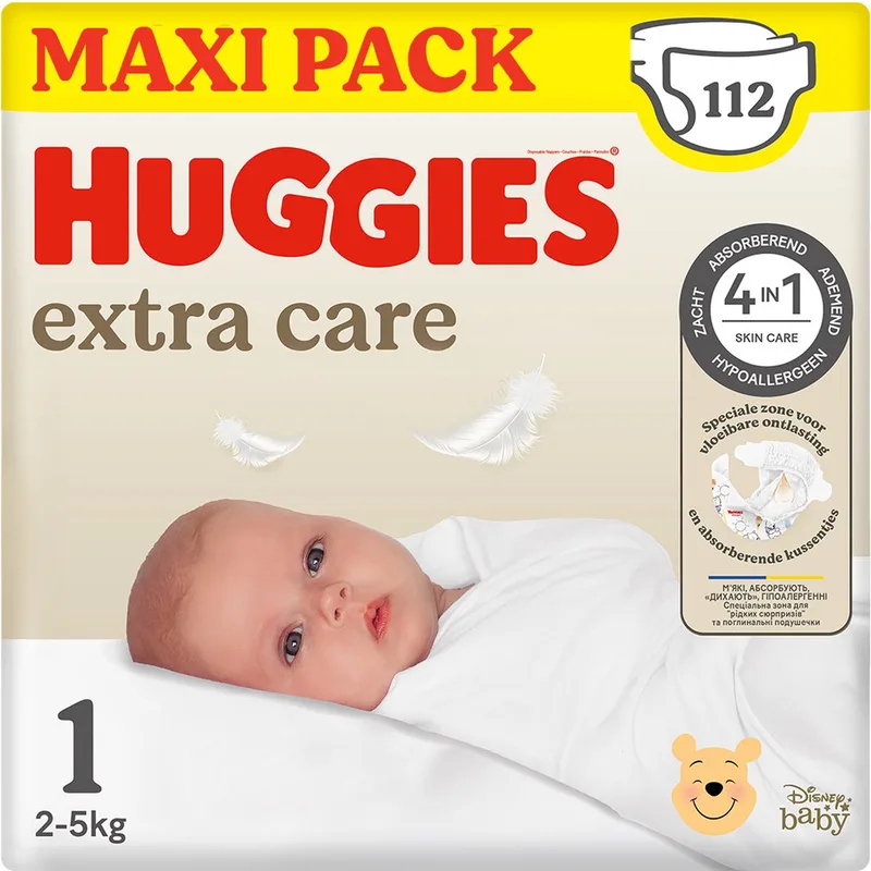 Extra Care baby luiers, Maat 1 (2 tot 5 kg), 112 luiers met vochtindicator en Disney designs, Maxi Pack by Huggies – product photo