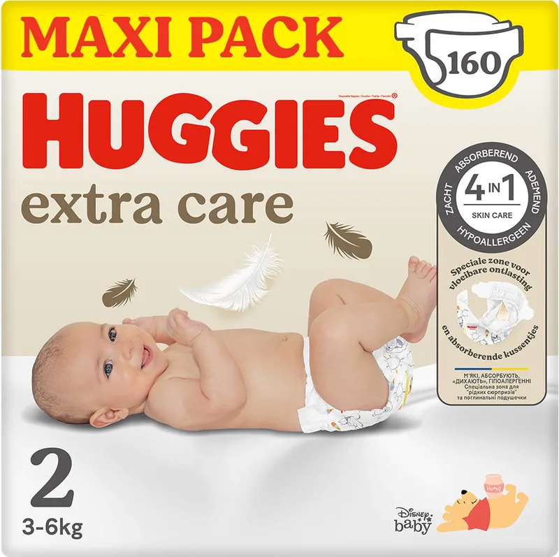 Extra Care baby luiers, Maat 2 (3 tot 6 kg), 160 luiers met vochtindicator en Disney designs, Maxi Pack de Huggies – photo produit