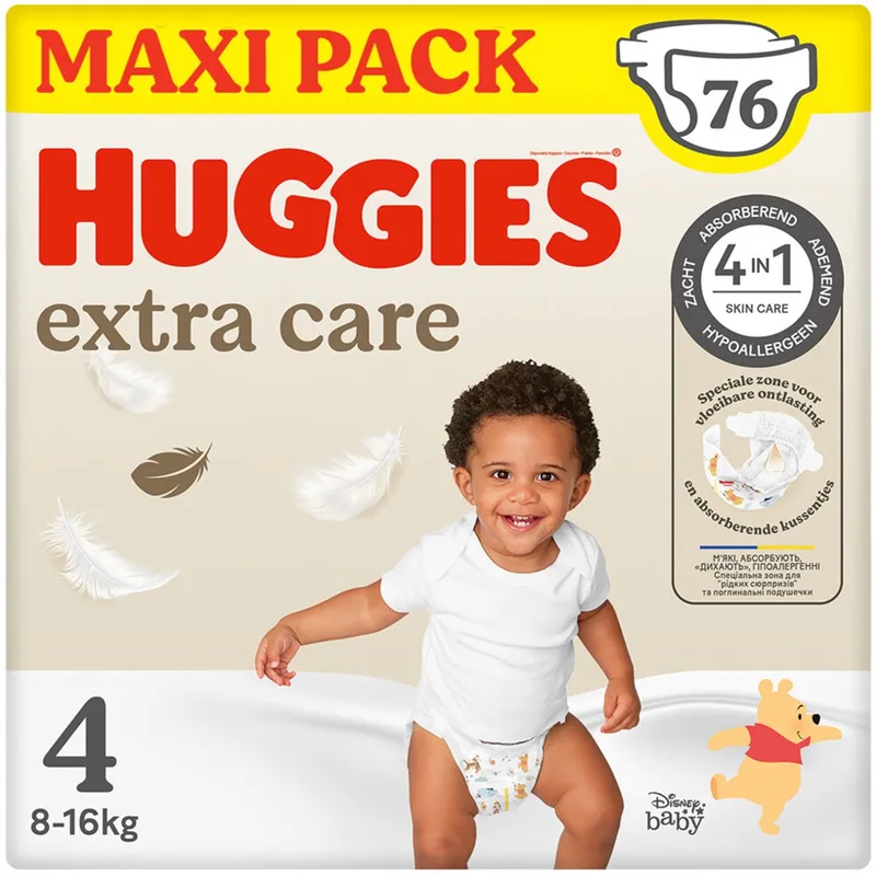 Extra Care baby luiers, Maat 4 (8 tot 16 kg), 76 luiers met vochtindicator en Disney designs, Maxi Pack by Huggies – product photo