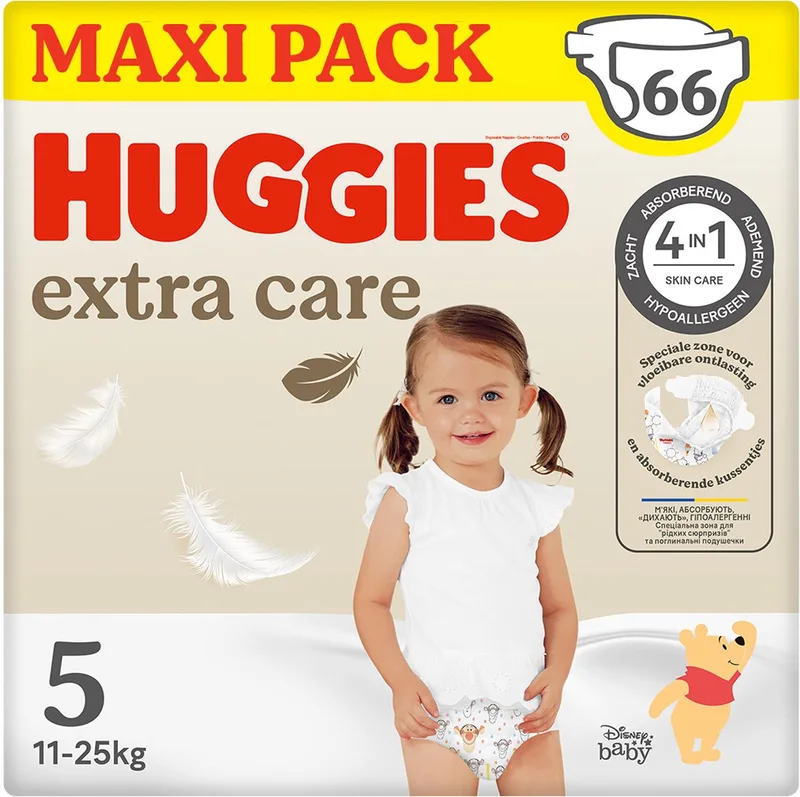 Extra Care baby luiers, Maat 5 (11 tot 25 kg), 66 luiers met vochtindicator en Disney designs, Maxi Pack från Huggies – produktbild