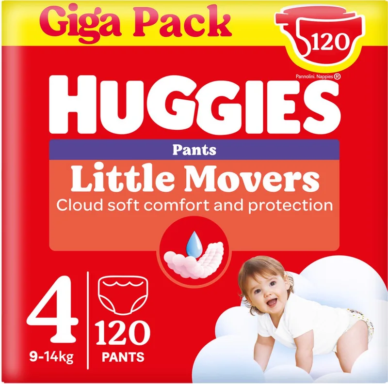 Little Movers baby luierbroekjes, Maat 4 (9 tot 14 kg), 120 luierbroekjes met Disney© designs, Giga pack by Huggies – product photo