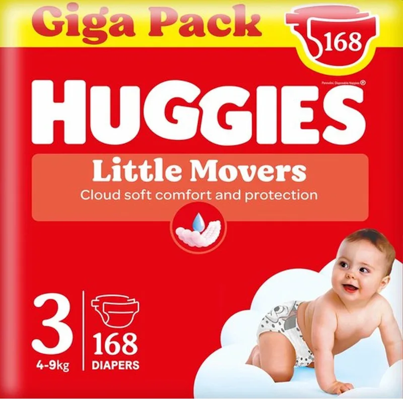 Little Movers baby luiers, Maat 3 (4 tot 9 kg), 168 luiers met Disney© designs, Giga pack by Huggies – product photo