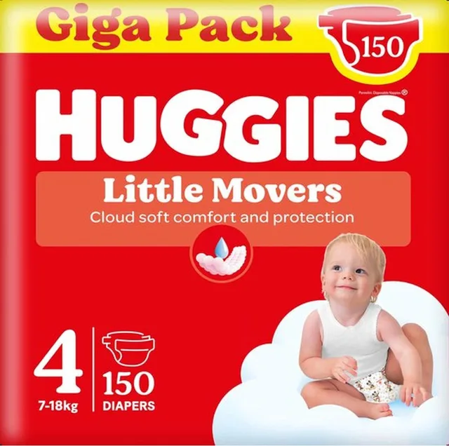 Little Movers baby luiers, Maat 4 (7 tot 18 kg), 150 luiers met Disney© designs, Giga pack