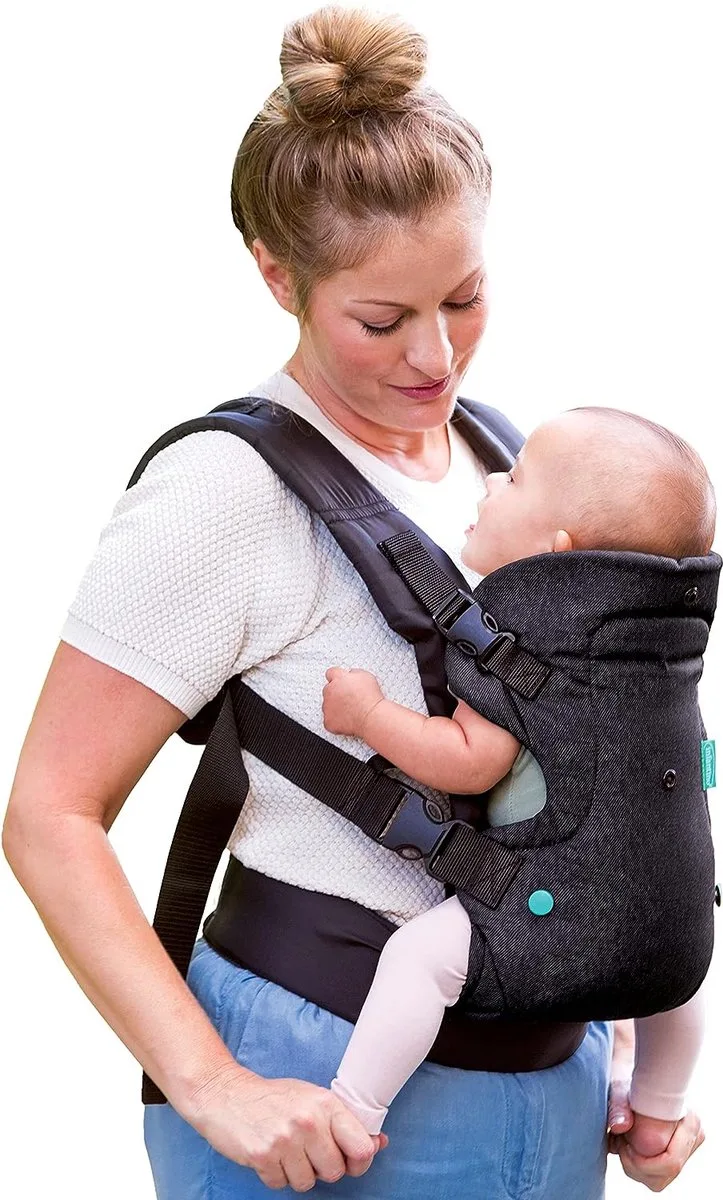 Baby Carrier Flip 4-in-1 denim, babycarrier met ergonomische zitting, verstelbaar, buik- of rugdragermode, voor baby's van 3,6 tot 14,5 kg, 1 stuk de Infantino en Noir – photo produit