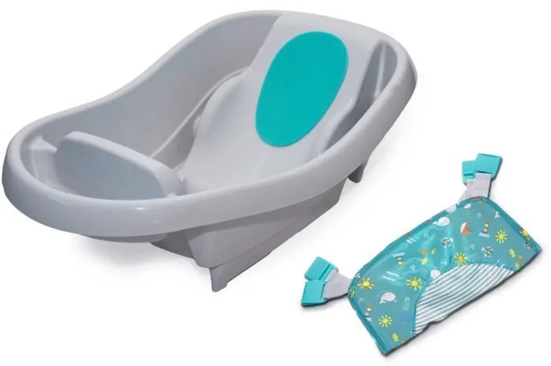 Babybadje, zeer comfortabel, extra groot met zachte stoffen draagzak, zitkussens, plank, tot 24 maanden by Ingenuity in Grijs – product photo