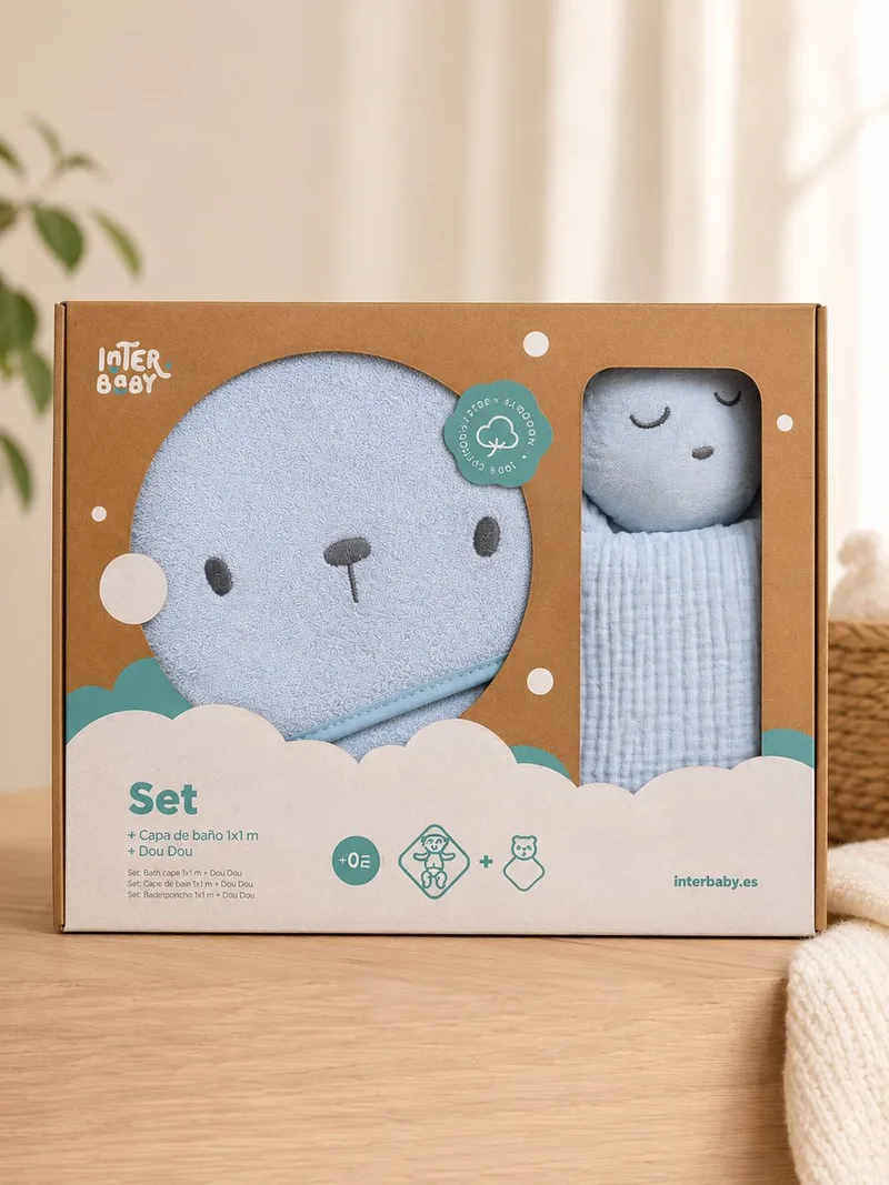 baby cadeau set knuffeldoekje badcape fra Interbaby i Blå – produktbillede
