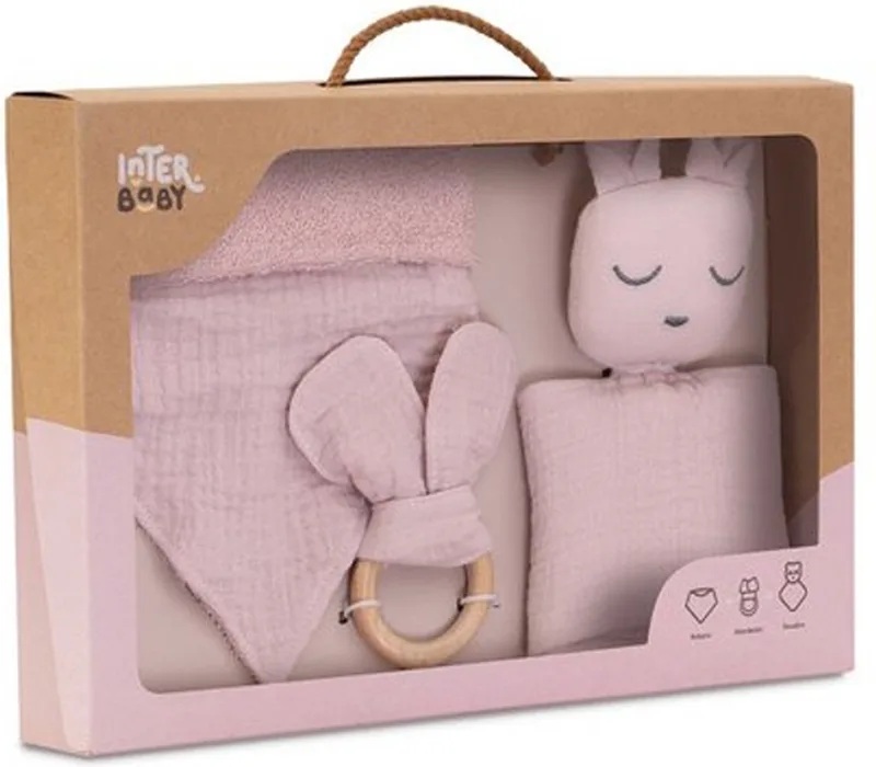 baby cadeauset - geschenk pakket - baby pakket - doudou - zeverslab - bijtring - baby cadeau van Interbaby in Roze – productfoto