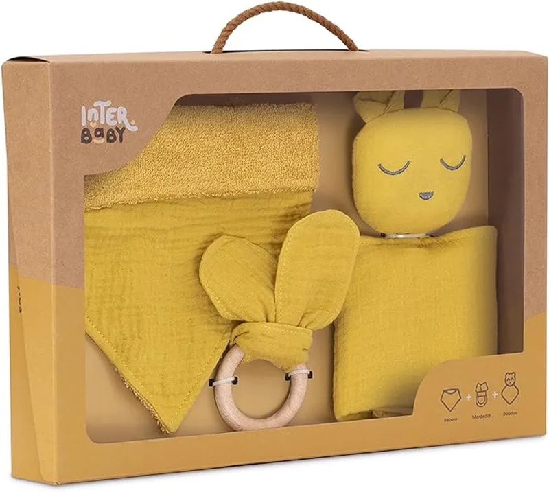 Baby - Geschenkset - Doudou - bijtring - zeverslab - geboorte - kraamcadeau - feestdagen de Interbaby en Mosterd geel – photo produit