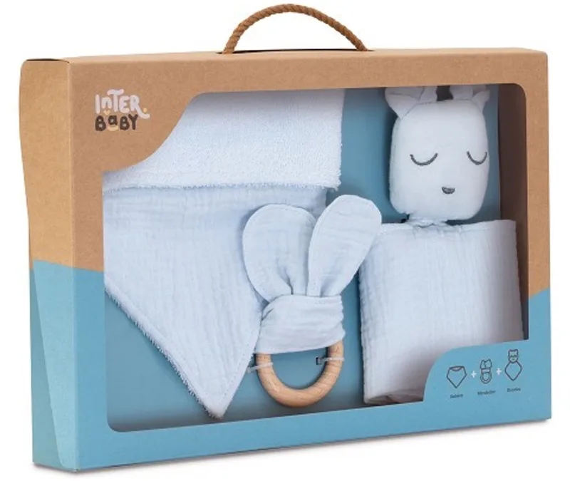 Baby - Geschenkset - Doudou - bijtring - zeverslab - geboorte - kraamcadeau - feestdagen de Interbaby en Licht blauw – photo produit