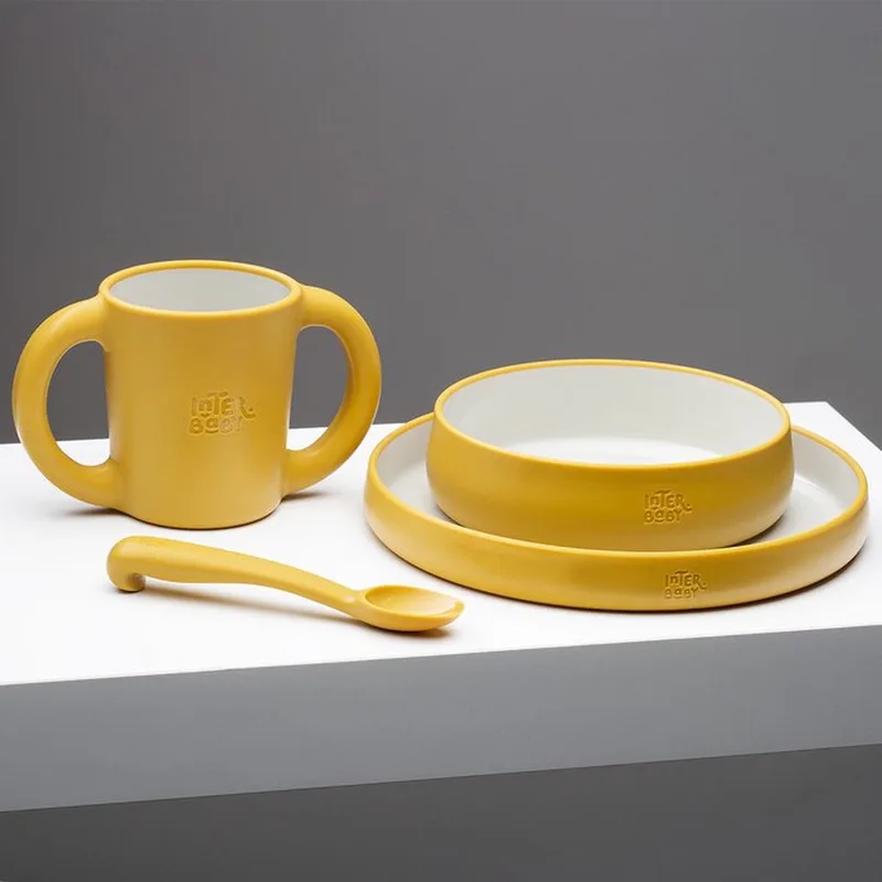 Baby - Kinder - Servies - kraamcadeau - bestek - geboorte - feestdagen de Interbaby en Mosterdgeel – photo produit