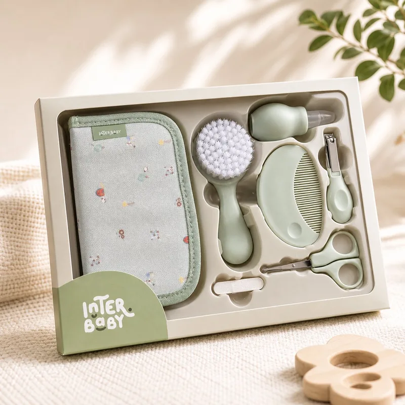 Complete Baby Verzorgingsset in Etui – Borstel, Kam & Nagelverzorging van Interbaby in Groen – productfoto