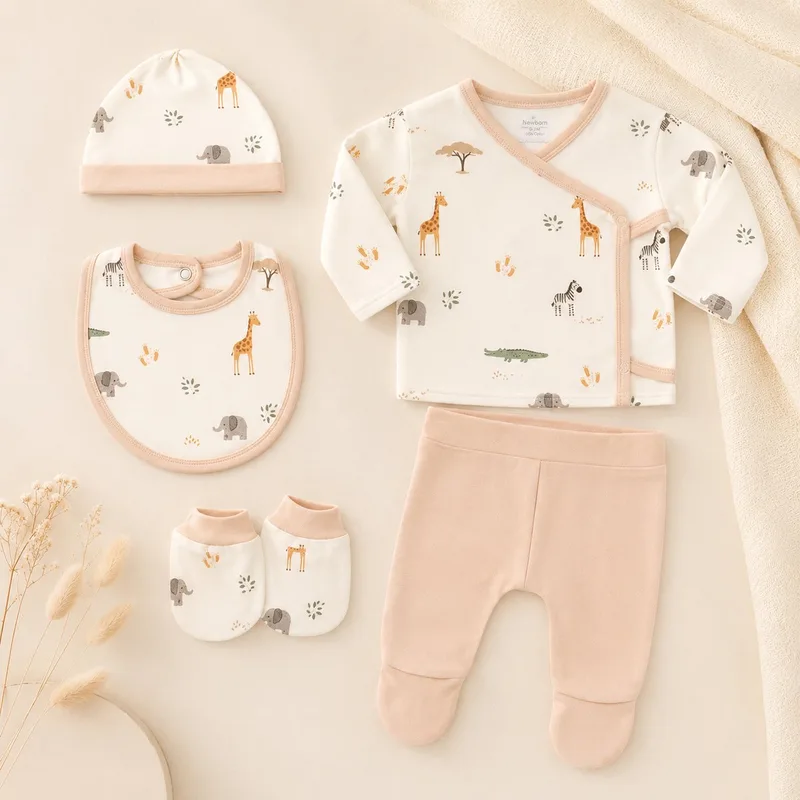 newborn set - 5 stuks - 0-6 maanden - slab - kledingset - muts & mittens - beige - safari by Interbaby – product photo