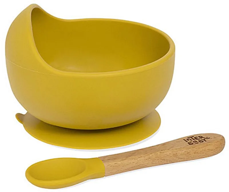 siliconen kom met zuignap & siliconen/houten lepel Eart Ochre de Interbaby en Okergeel – photo produit