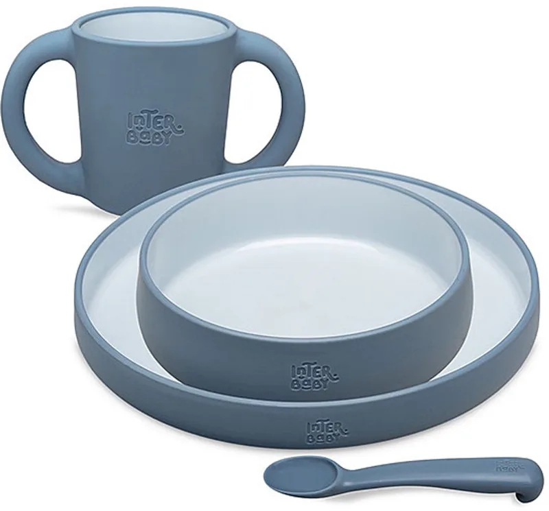 siliconen servies Blue Gray 4-delig – bord, ontbijtbord, beker & lepel de Interbaby en Blauwgrijs – photo produit