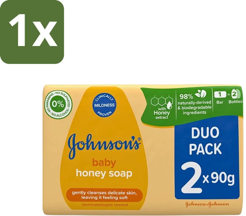 1 x Johnson's - Baby Honey Soap - Zacht - Reinigt Gevoelige Huid - 2 x 90 g - Babyhuid Reinigen - Honing Zeep - Gevoelige Huid - Zachte Zeep - Dermatologisch Getest by Johnson's – product photo