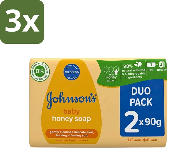 3 x Johnson's - Baby Honey Soap - Zacht - Reinigt Gevoelige Huid - 2 x 90 g - Babyhuid Reinigen - Honing Zeep - Gevoelige Huid - Zachte Zeep - Dermatologisch Getest