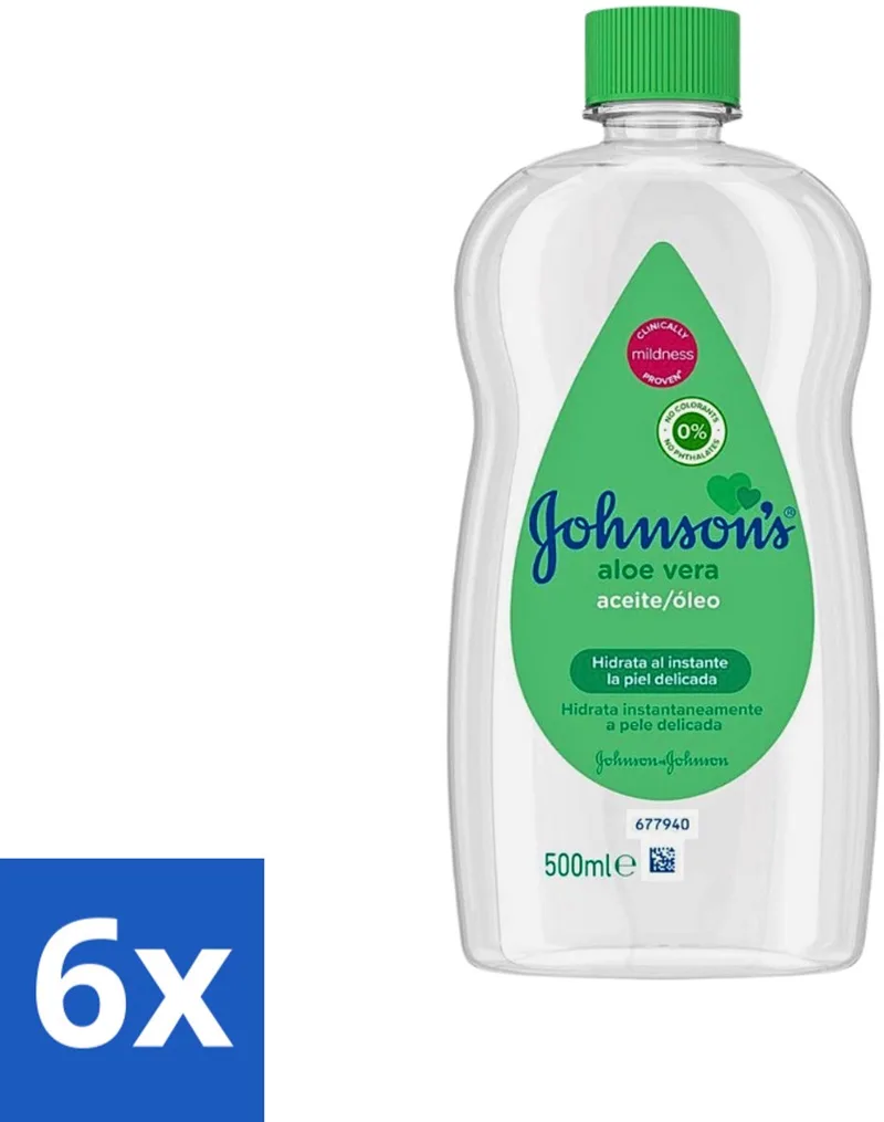 6 x Johnson's - Baby Olie - Aloe Vera - Hydrateerd Gevoelige Huid - 500 ml - Babyolie - Aloe Vera - Melkkorst Verwijderen - Gevoelige Huid - Hydraterende Olie fra Johnson's – produktbillede