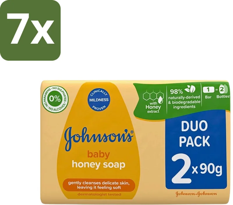 7 x Johnson's - Baby Honey Soap - Zacht - Reinigt Gevoelige Huid - 2 x 90 g - Babyhuid Reinigen - Honing Zeep - Gevoelige Huid - Zachte Zeep - Dermatologisch Getest by Johnson's – product photo