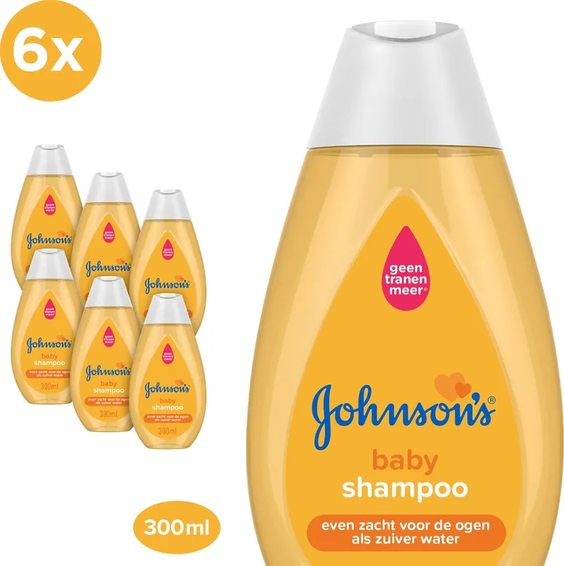 Babyshampoo, hypoallergeen, dermatologisch getest & zonder parabenen, pH ideaal voor baby’s fijne huid, voor zacht, glanzend en schoon baby haar & even zacht voor de ogen als zuiver water, 6x300 ml by Johnson's – product photo