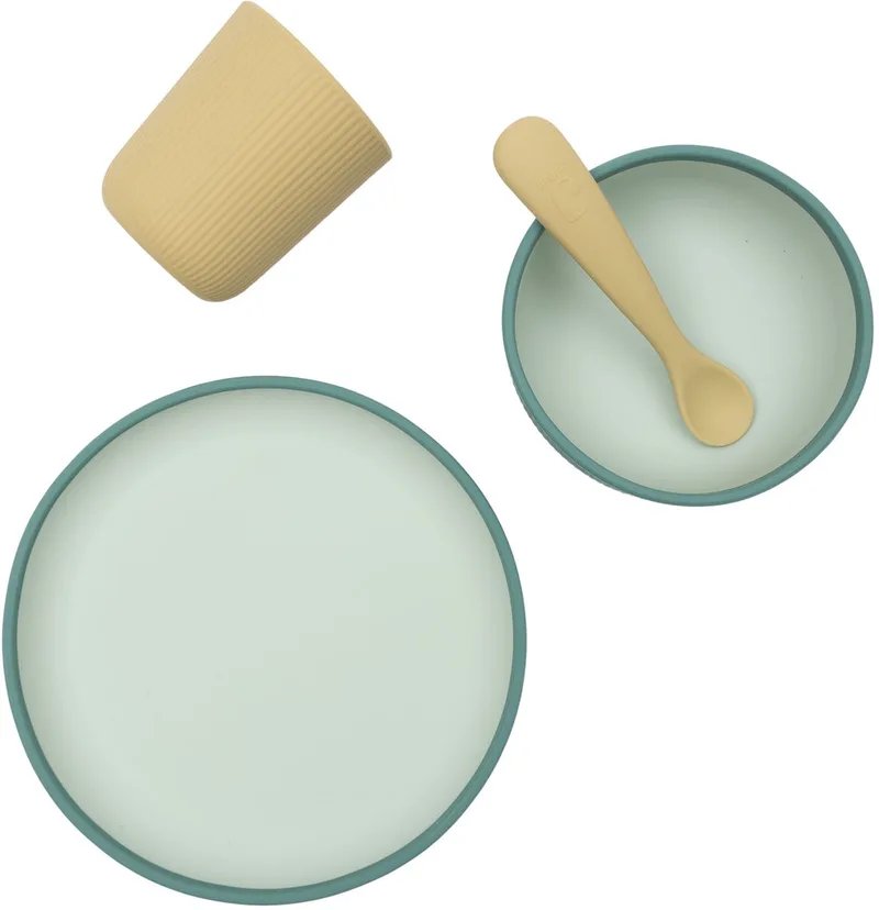 Kinderserviesset Siliconen - met Bord, Kom, Beker van Jollein in Jade Shades – productfoto