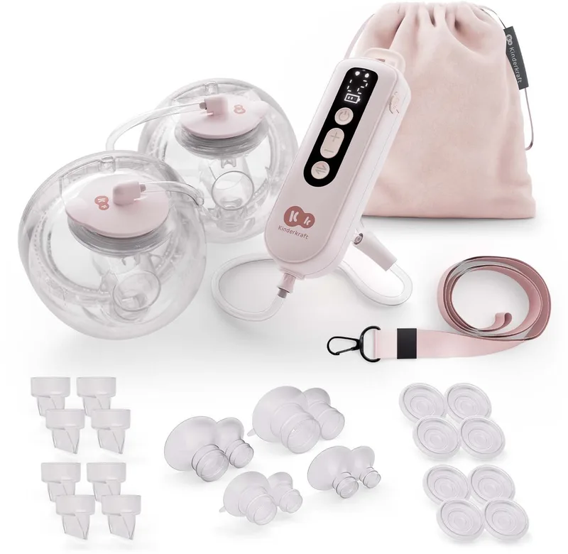 GENTLEFLOW Hands-Free Dubbele Borstkolf – Elektrische – Draadloos & Zeer Stil - Drievoudig Systeem met 9 Niveaus - Licht – 2 x 180 ml Reservoir – 4 Borstschilden (17–24 mm) by Kinderkraft in Roze – product photo