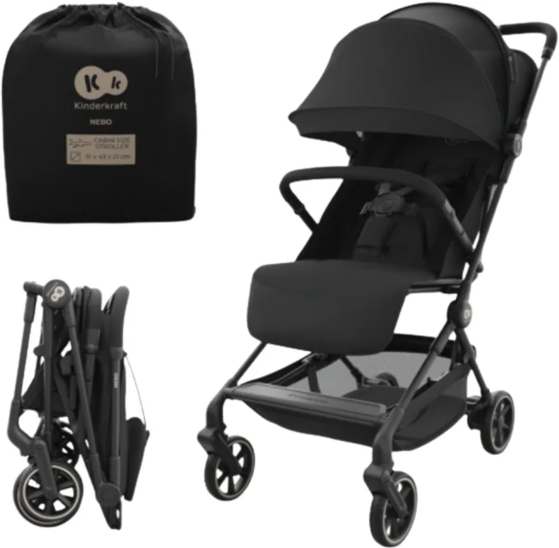 NEBO Buggy - tot 22 kg eenhandig inklappen zelfstaand compact ontwerp 5-puntsgordel schouderriem transporttas de Kinderkraft en Zwart – photo produit