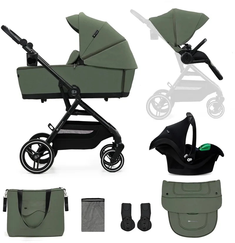 YOXI 3-in-1 Kinderwagen – Van Geboorte tot 22 kg – Reiswieg, Wandelzitje & MINK PRO i-Size Autostoel van Kinderkraft in Groen – productfoto