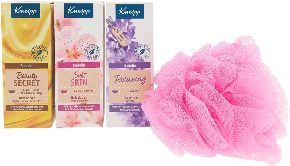 Badolie Cadeauset – 4-delig – Relaxing + Soft Skin + Beauty Secret + Puff – Cadeau voor haar från Kneipp – produktbild