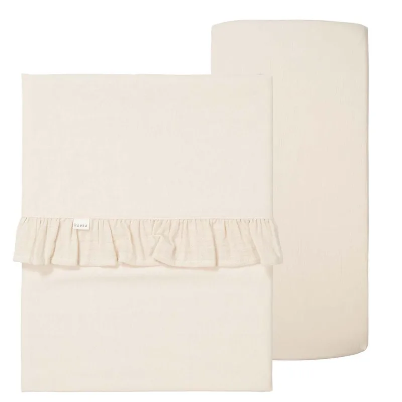 Set | Laken Wieg + Hoeslaken Wieg Ruffle Faro Warm White fra Koeka – produktbillede