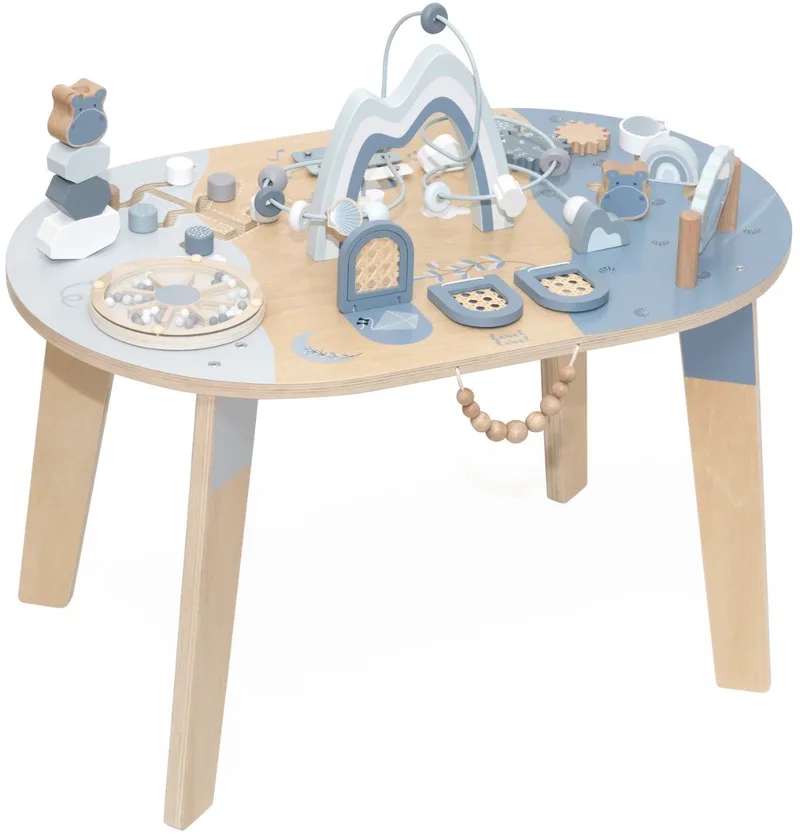 Houten Activiteitentafel - Activiteitentafel met Meerdere Speelfuncties - Stimuleert Motorische Vaardigheden en Hand-Oogcoördinatie - Vanaf 2 Jaar von Label Label in Blau – Produktfoto