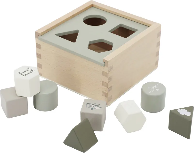 Houten Vormenstoof - Olijfgroen - Sorteerbox met Vormen en Kleuren - Stimuleert Fijne Motoriek en Vormherkenning - Vanaf 18 Maanden by Label Label in Green – product photo
