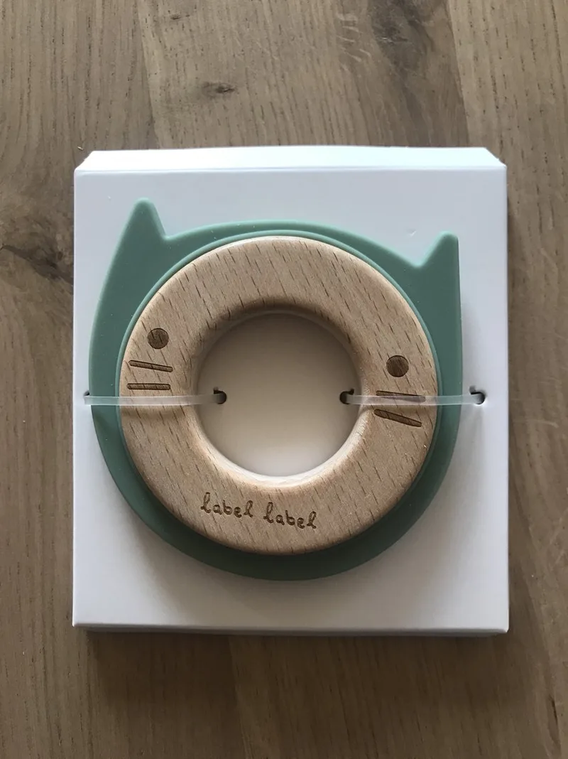 Kat Groen Hout & Silicone Bijtring LLST-15072 van Label Label in Naturel, Groen – productfoto