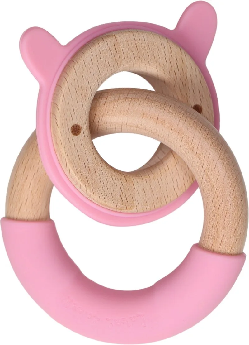 Konijn Roze Hout & Silicone Dubbele Bijtring LLST-15089 von Label Label in Natur, Rosa – Produktfoto