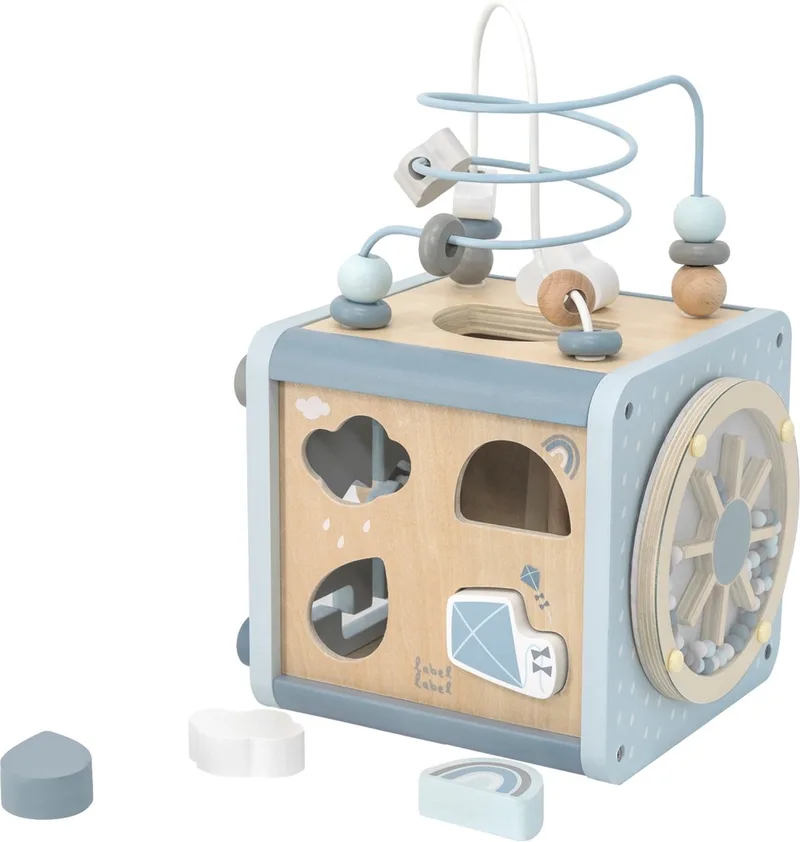 Label Label - 5-in-1 Houten Activiteitenkubus - FSC Hout - Vormenstoof, Xylofoon, Kralenspiraal & Meer - Stimuleert Hand-Oog Coördinatie en Vormherkenning - Geschikt voor Kindjes vanaf 18 Maanden de Label Label en Bleu – photo produit