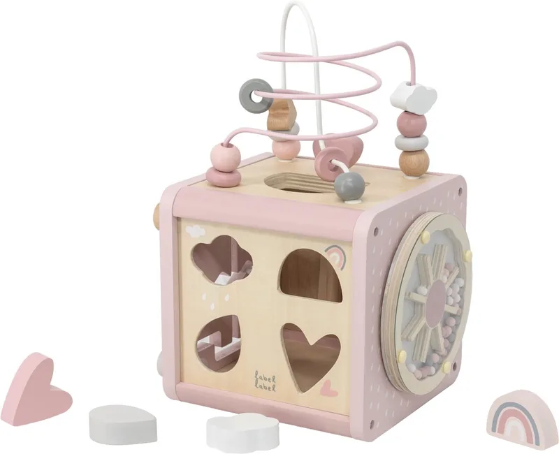 Label Label - 5-in-1 Houten Activiteitenkubus - FSC Hout - Vormenstoof, Xylofoon, Kralenspiraal & Meer - Stimuleert Hand-Oog Coördinatie en Vormherkenning - Geschikt voor Kindjes vanaf 18 Maanden van Label Label in Roze, Naturel – productfoto