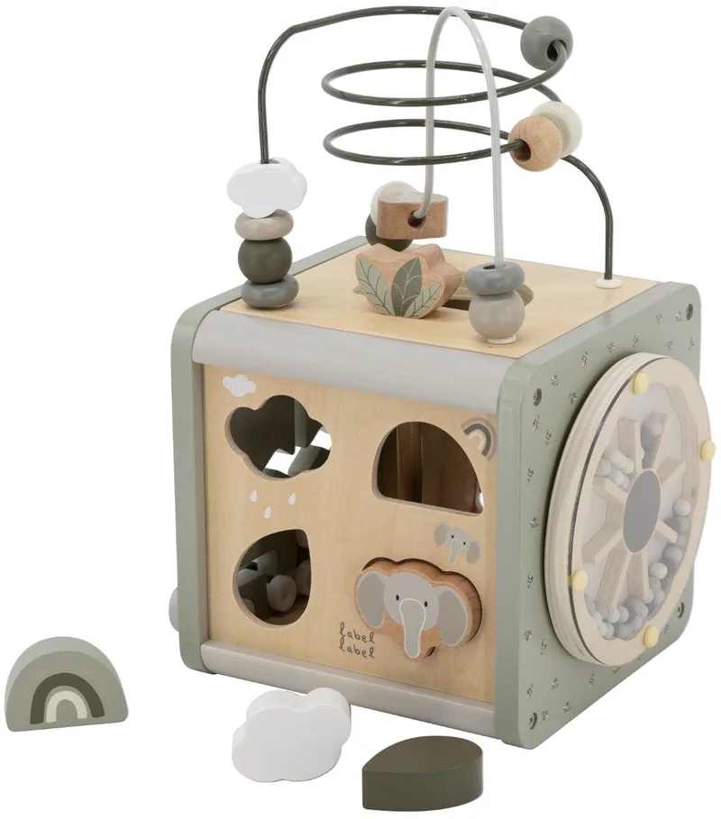 Label Label - 5-in-1 Houten Activiteitenkubus - Olive Green - FSC Hout - Vormenstoof, Xylofoon, Kralenspiraal & Meer - Stimuleert Hand-Oog Coördinatie en Vormherkenning - Geschikt voor Kindjes vanaf 18 Maanden van Label Label in Groen – productfoto