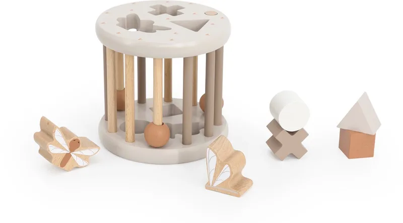 Rollende Houten Vormenstoof - Nougat/Naturel - FSC Hout - Inclusief 6 Vormpjes - Stimuleert Hand-Oog Coördinatie en Vormenherkenning - Geschikt voor Kindjes vanaf 12 Maanden by Label Label in Nougat – product photo