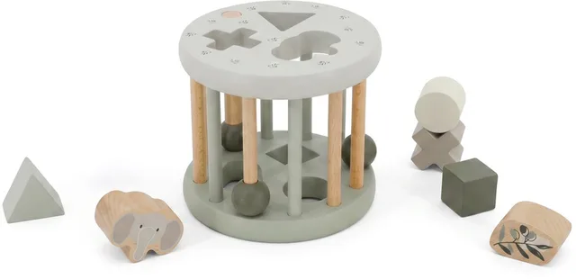 Rollende Houten Vormenstoof - Olijfgroen /Naturel - FSC Hout - Inclusief 6 Vormpjes - Stimuleert Hand-Oog Coördinatie en Vormenherkenning - Geschikt voor Kindjes vanaf 12 Maanden