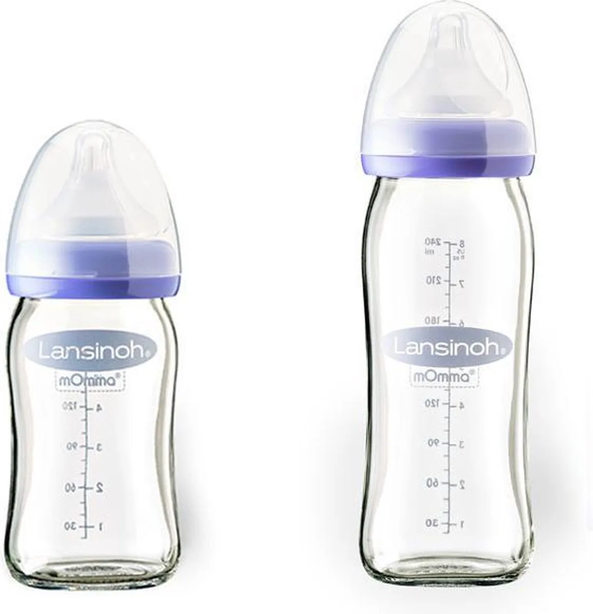 Babyfles glas - set van 2 stuks glazen fles 1 x 160 ml - 1 x 240 ml inclusief 2 spenen van Lansinoh in Transparant – productfoto