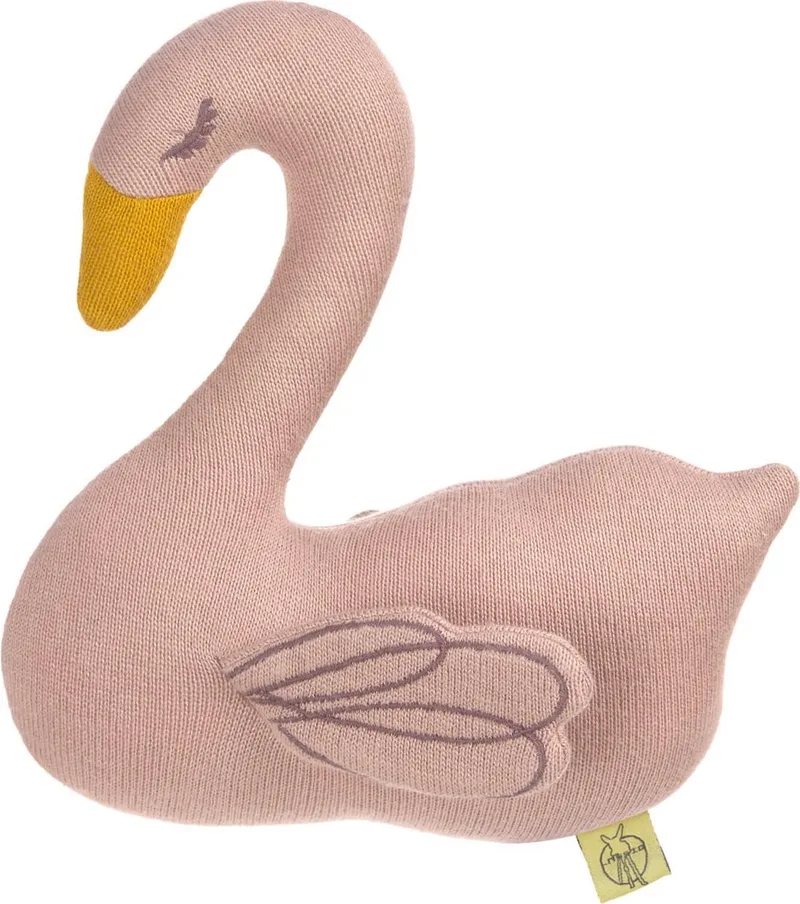 gebreid speeltje knuffel met rammelaar knetter Little Water Swan van Lässig in Roze – productfoto