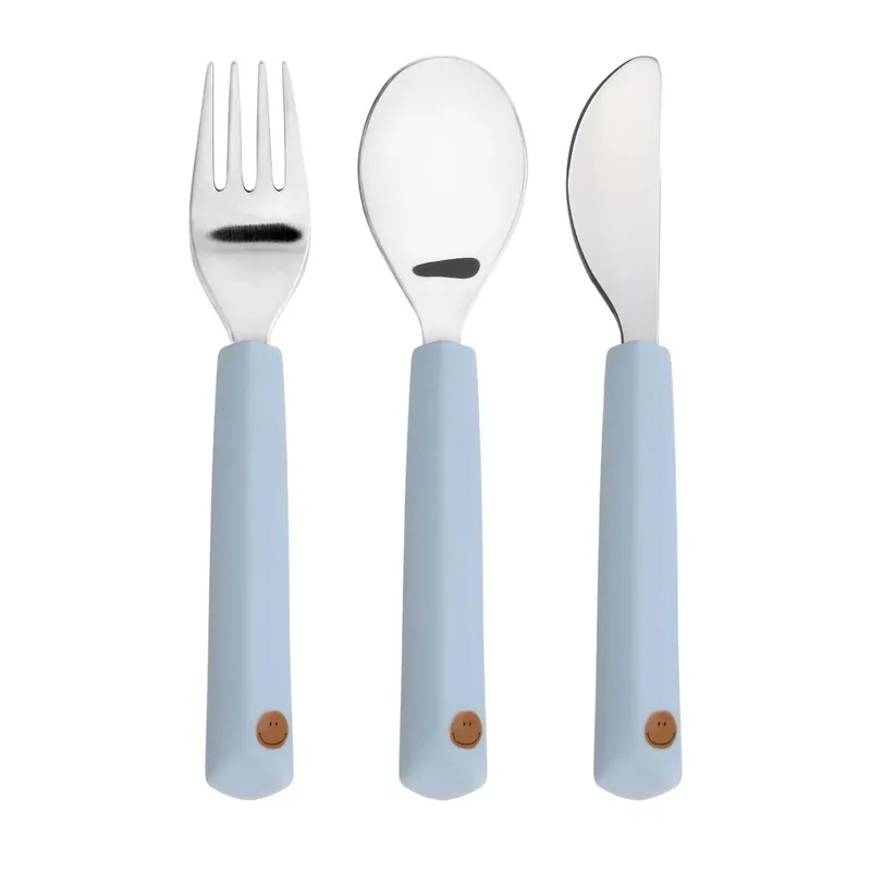 Kinderbestek Met Siliconen Grip - Happy Rascals, Smile sky blue de Lässig – photo produit