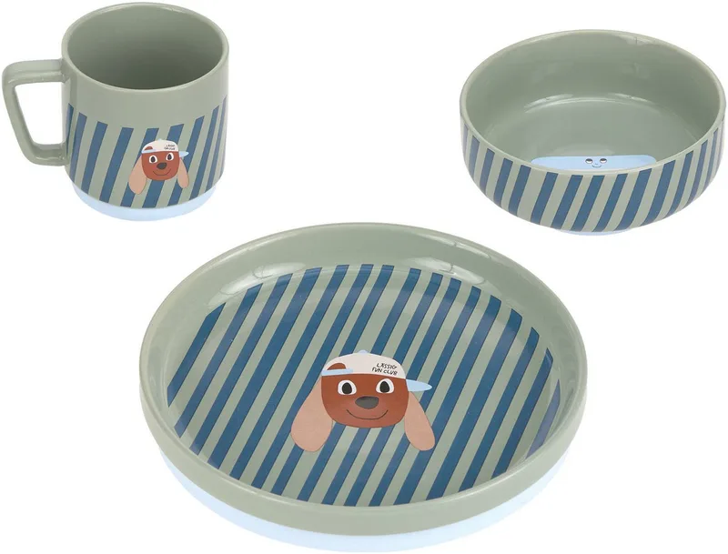 Kindergeschirr-Set Tiny Team Dog (3-tlg), Porzellan, Silikon, mit Silikonring de Lässig en Vert – photo produit 1 sur 4