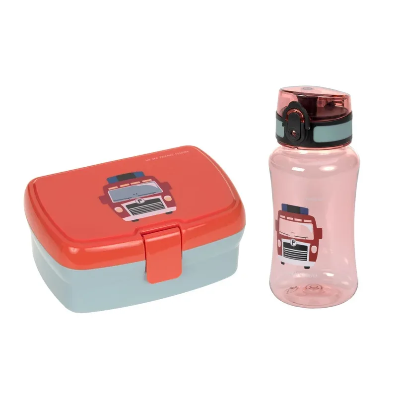 Lunchset (Lunchbox / Brooddoos & Drinkfles) Tiny Drivers - Fire Engine de Lässig – photo produit