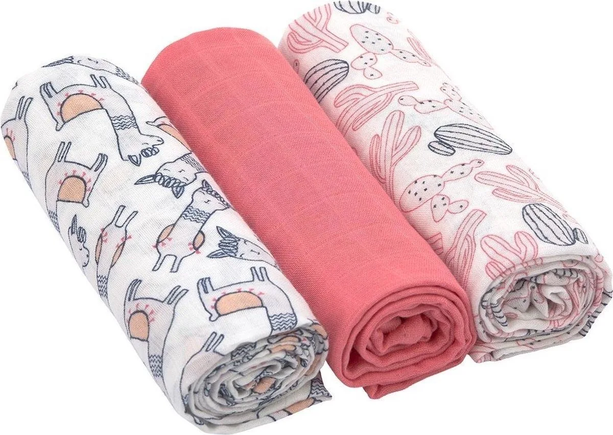 Tetradoek Heavenly Soft Swaddle L Glama Lama Coral - 3 Stuks van Lässig in Roze – productfoto