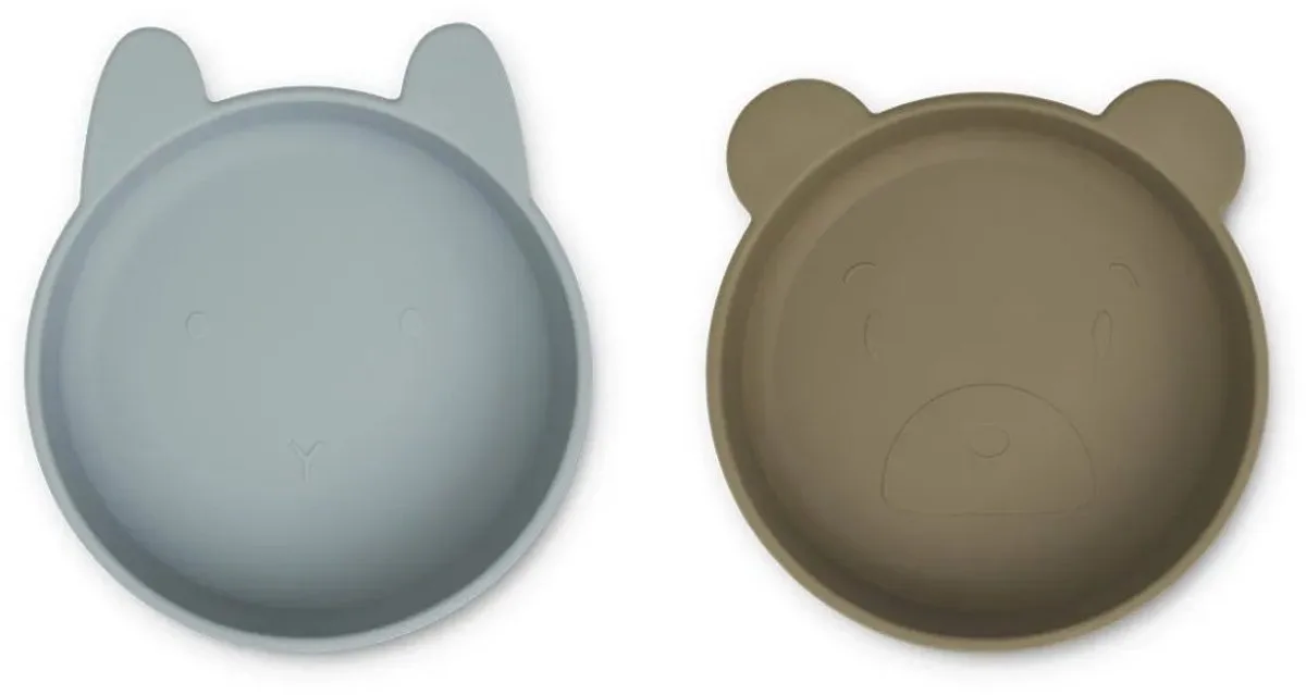 set van 2 Siliconen Bowls - kommetjes - Blue Fog en Khaki Mix van Liewood in Blauw en kakhi – productfoto
