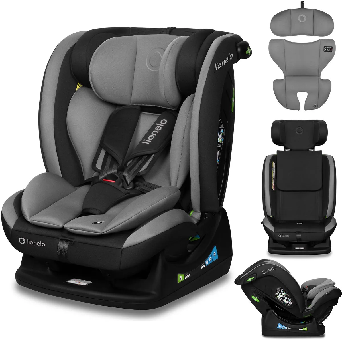 Aart i-Size - Kinder Autostoel 4in1 - voor Baby 0 tot 36 kg (0-12 jaar / Groep 0+ 1 2 3 / 40-150 cm) - Voor en achterwaarts - RWF tot 105 cm - Montage met Autogordel - Stevige, Veilige - Comfortabel Zitje - Volledig Verstelbaar - Wasbare hoes de Lionelo en Gris – photo produit